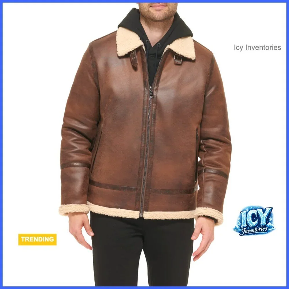 Faux Leather Bomber Jacket with Shearling Lining, Long Sleeve